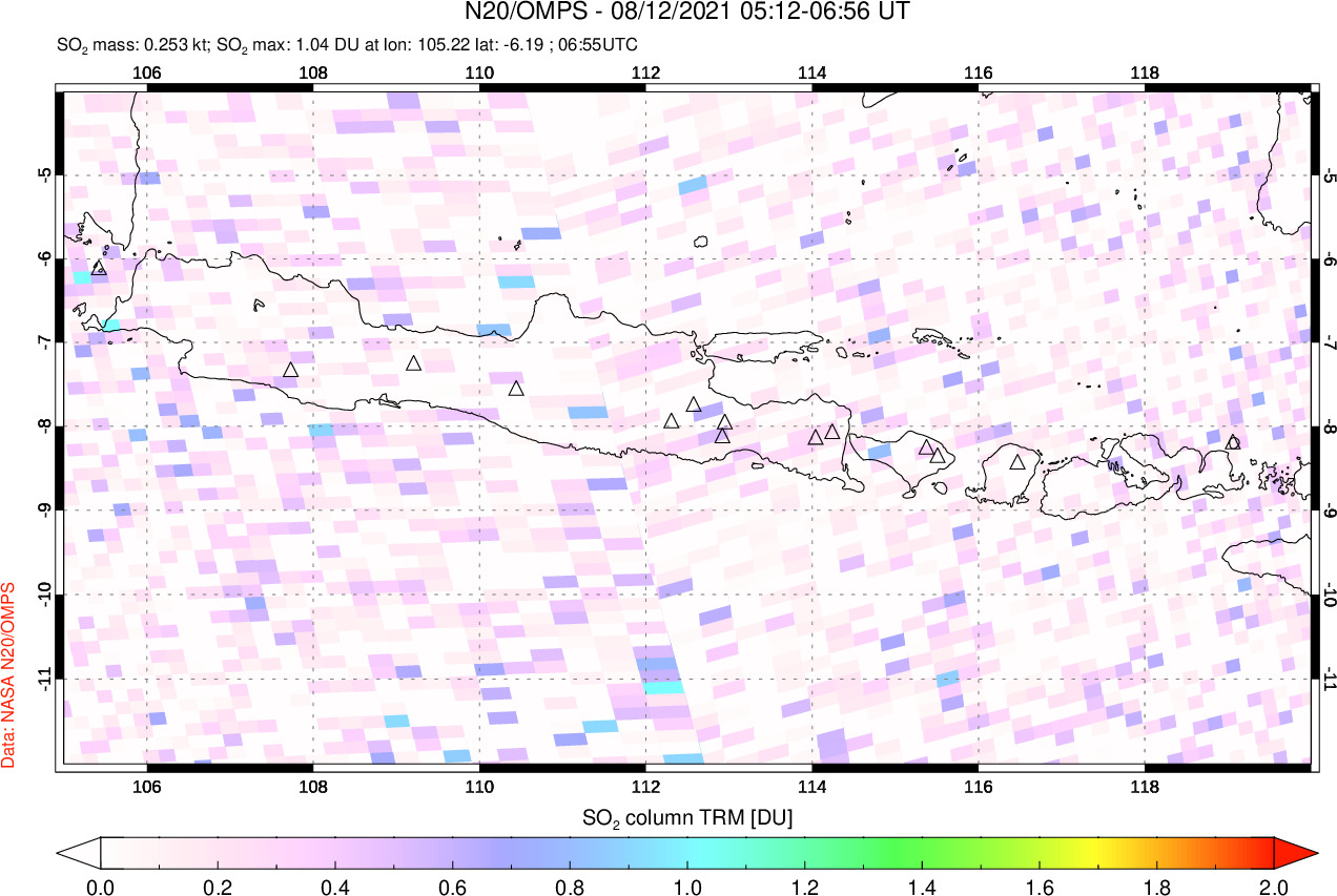 A sulfur dioxide image over Java, Indonesia on Aug 12, 2021.