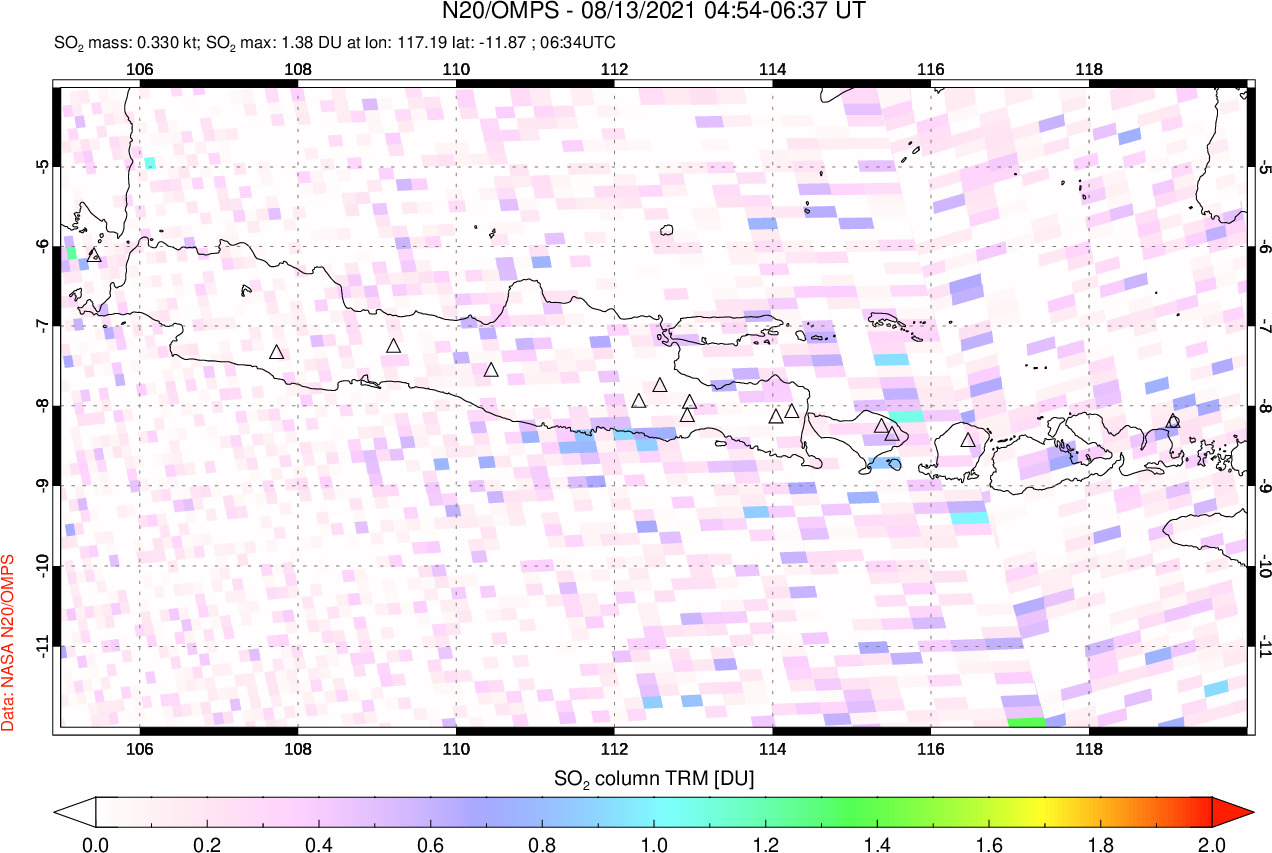 A sulfur dioxide image over Java, Indonesia on Aug 13, 2021.