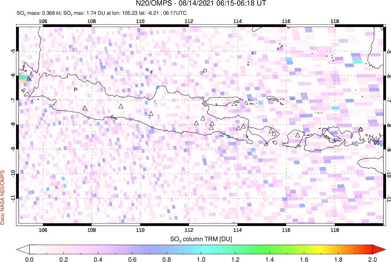 A sulfur dioxide image over Java, Indonesia on Aug 14, 2021.