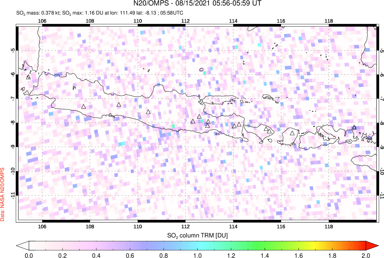 A sulfur dioxide image over Java, Indonesia on Aug 15, 2021.