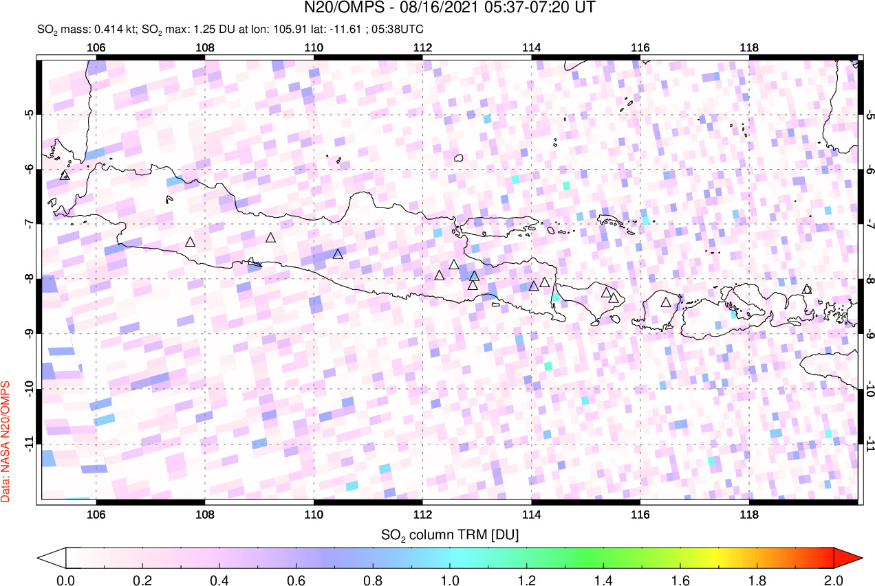 A sulfur dioxide image over Java, Indonesia on Aug 16, 2021.