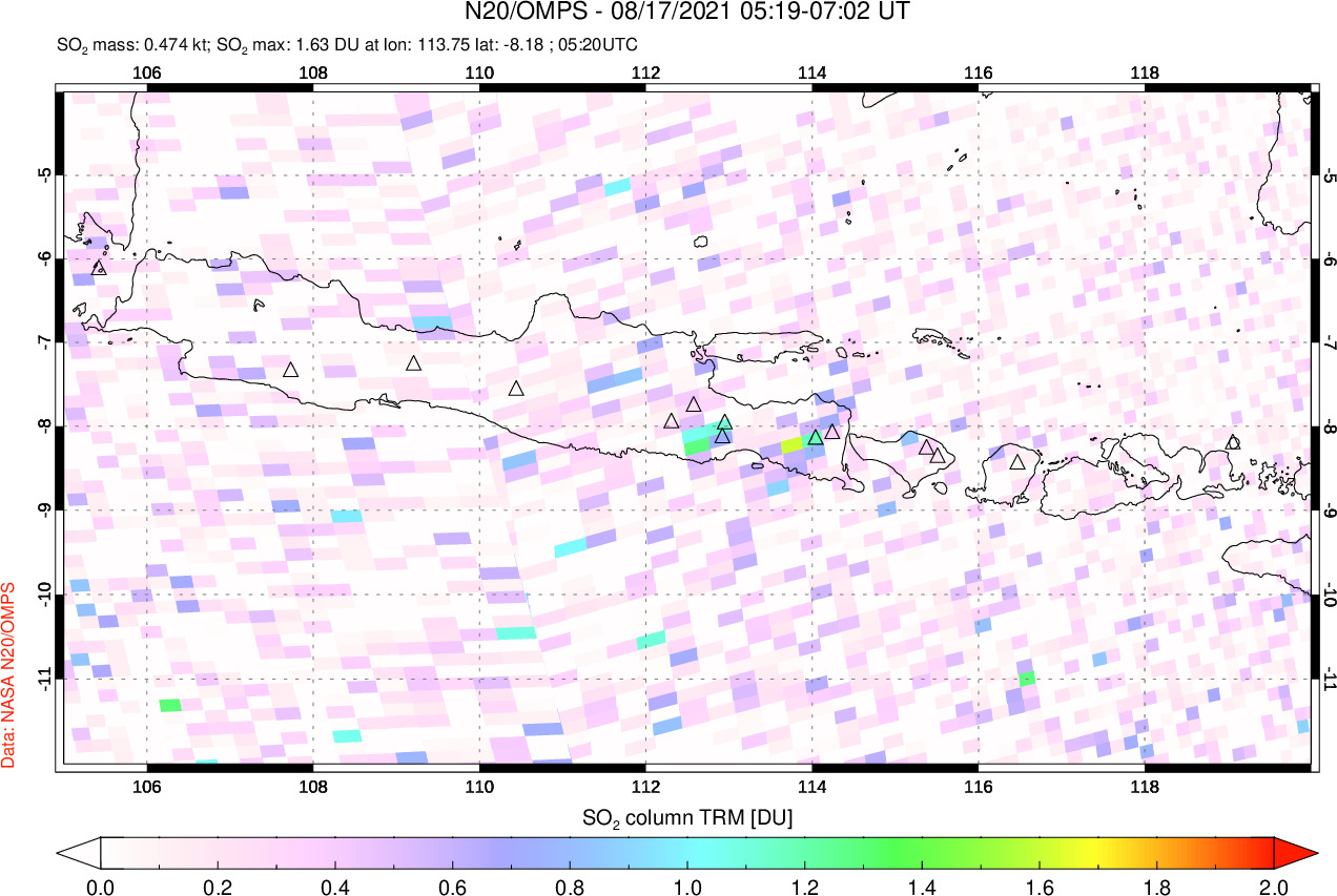 A sulfur dioxide image over Java, Indonesia on Aug 17, 2021.