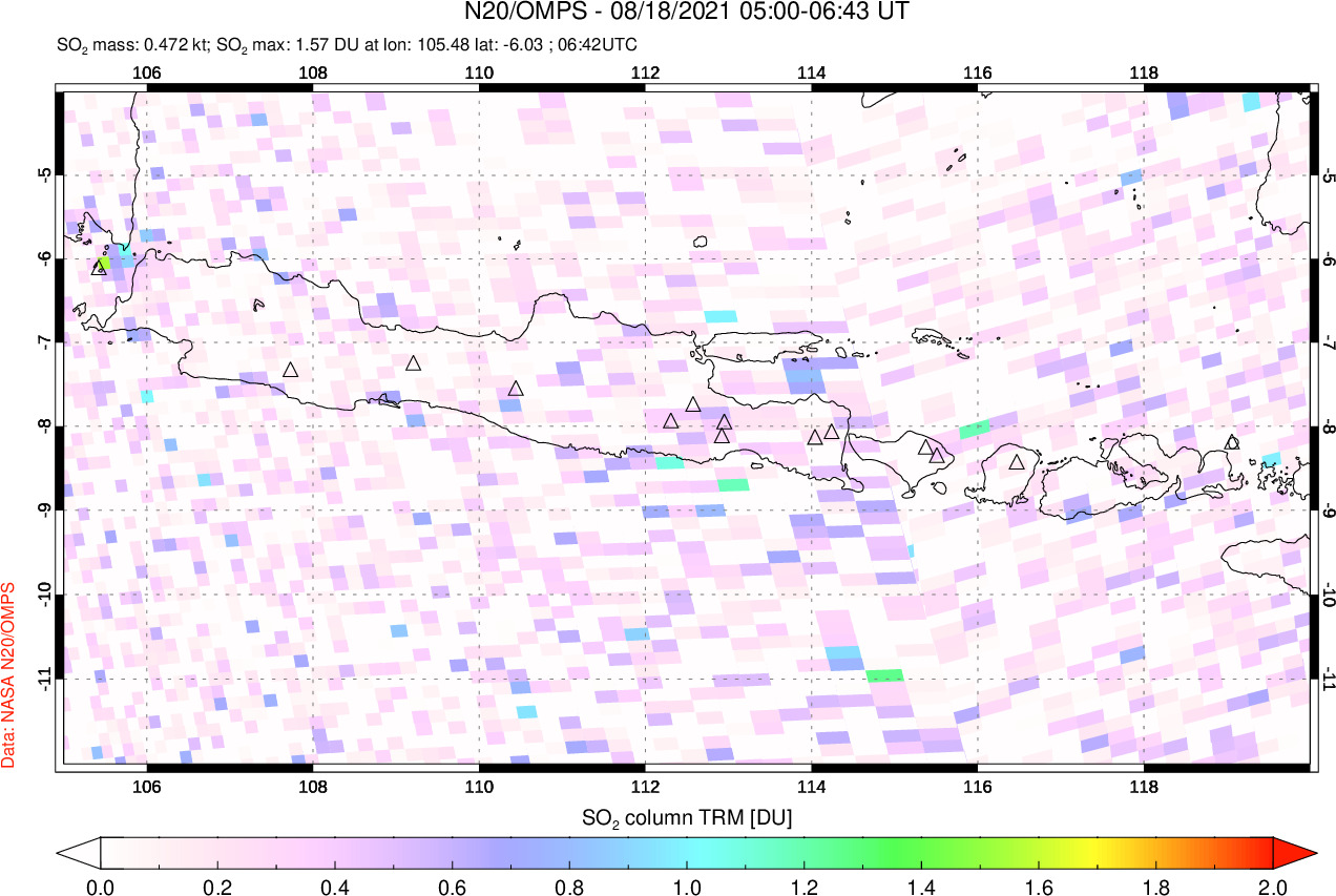A sulfur dioxide image over Java, Indonesia on Aug 18, 2021.