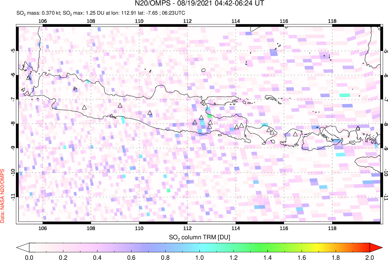 A sulfur dioxide image over Java, Indonesia on Aug 19, 2021.
