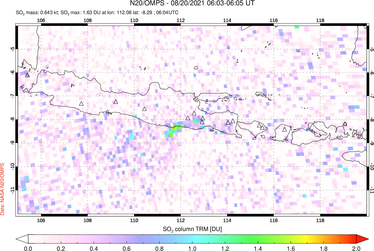 A sulfur dioxide image over Java, Indonesia on Aug 20, 2021.
