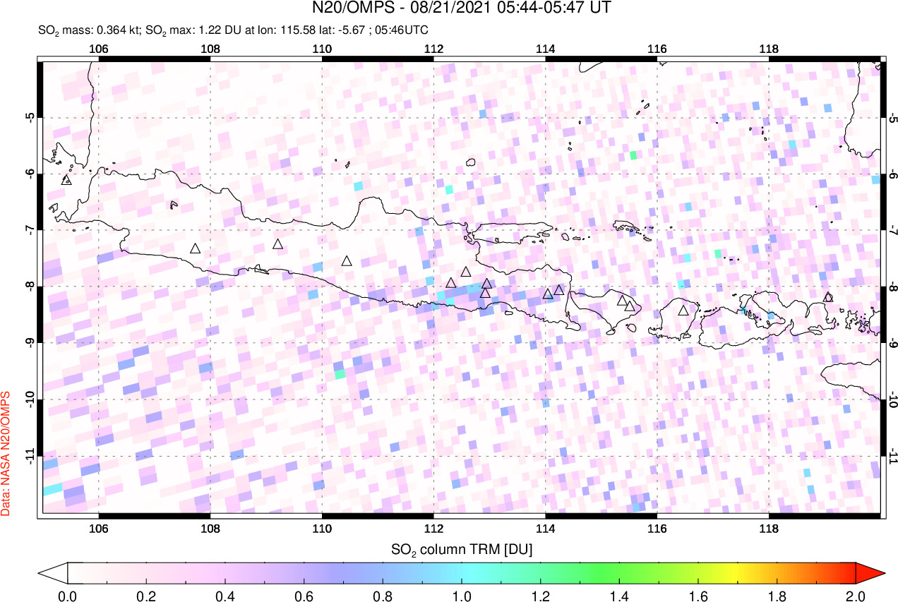 A sulfur dioxide image over Java, Indonesia on Aug 21, 2021.