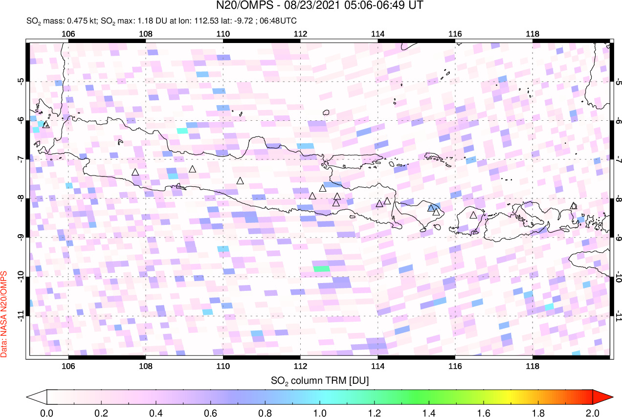A sulfur dioxide image over Java, Indonesia on Aug 23, 2021.