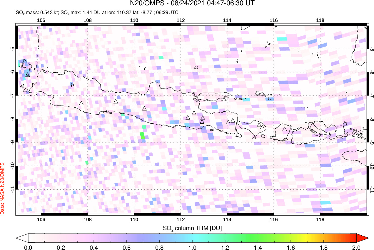 A sulfur dioxide image over Java, Indonesia on Aug 24, 2021.