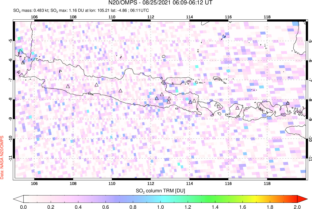 A sulfur dioxide image over Java, Indonesia on Aug 25, 2021.