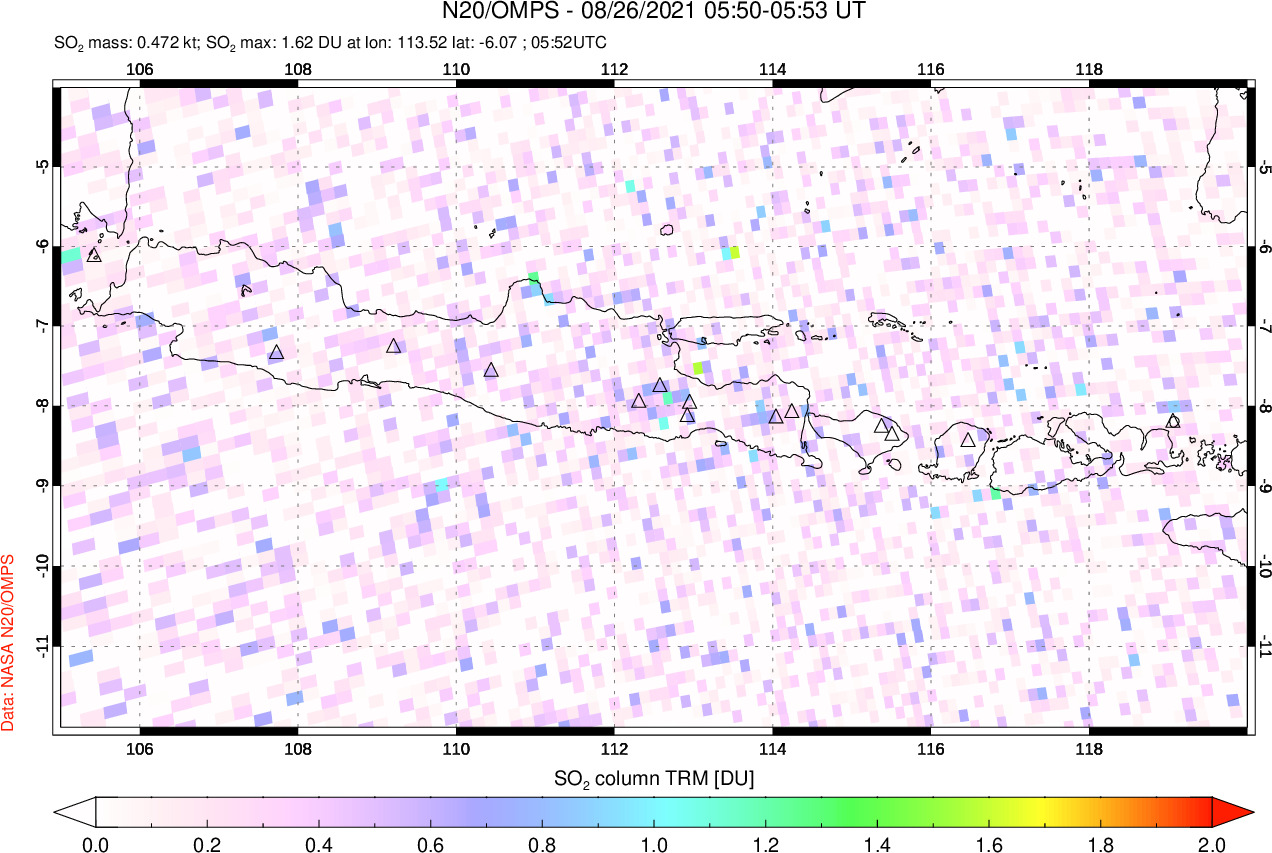 A sulfur dioxide image over Java, Indonesia on Aug 26, 2021.