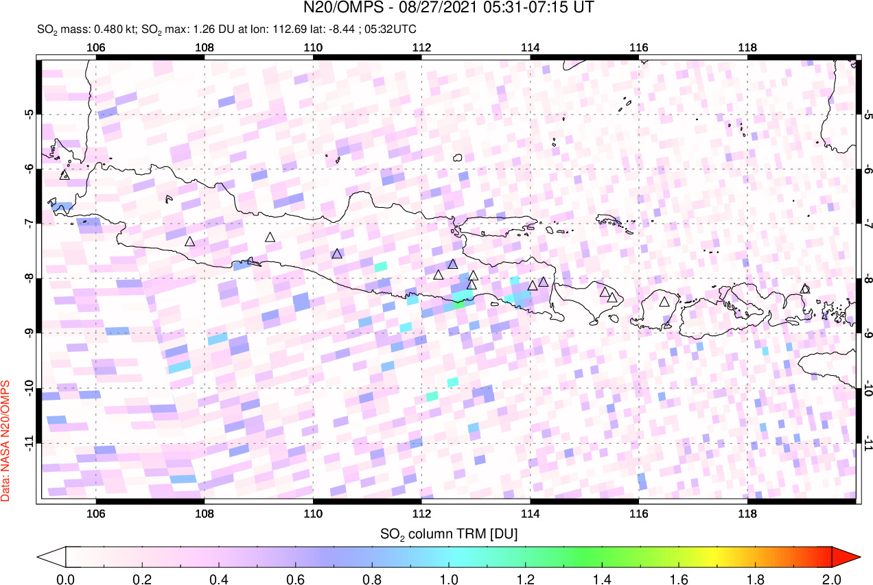 A sulfur dioxide image over Java, Indonesia on Aug 27, 2021.