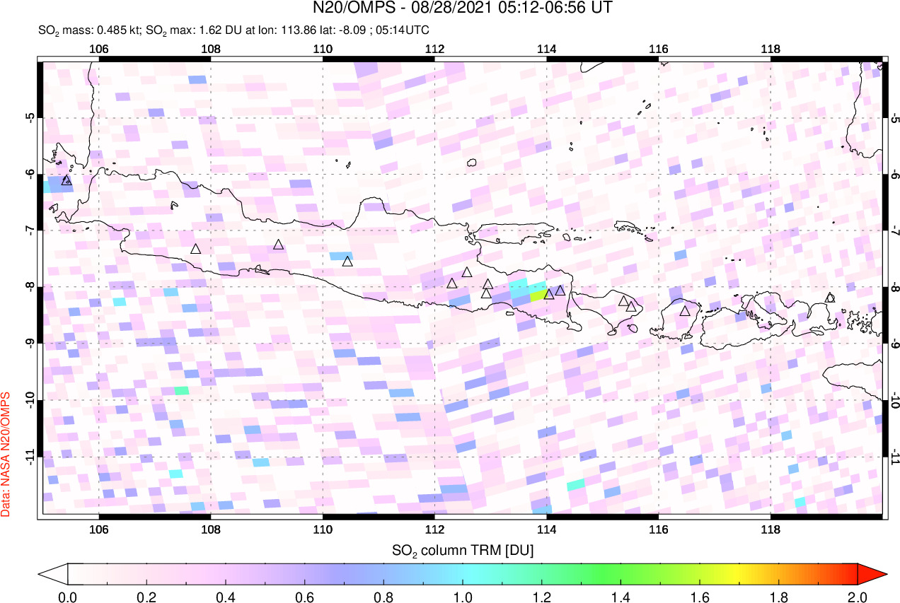 A sulfur dioxide image over Java, Indonesia on Aug 28, 2021.