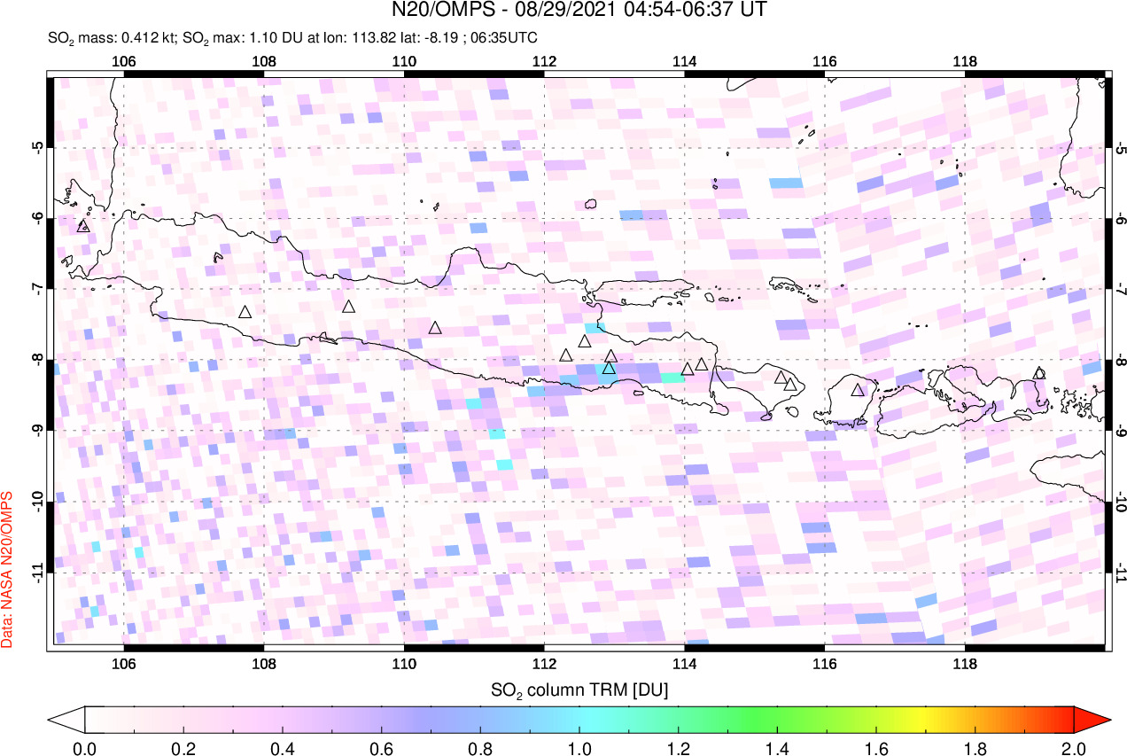 A sulfur dioxide image over Java, Indonesia on Aug 29, 2021.