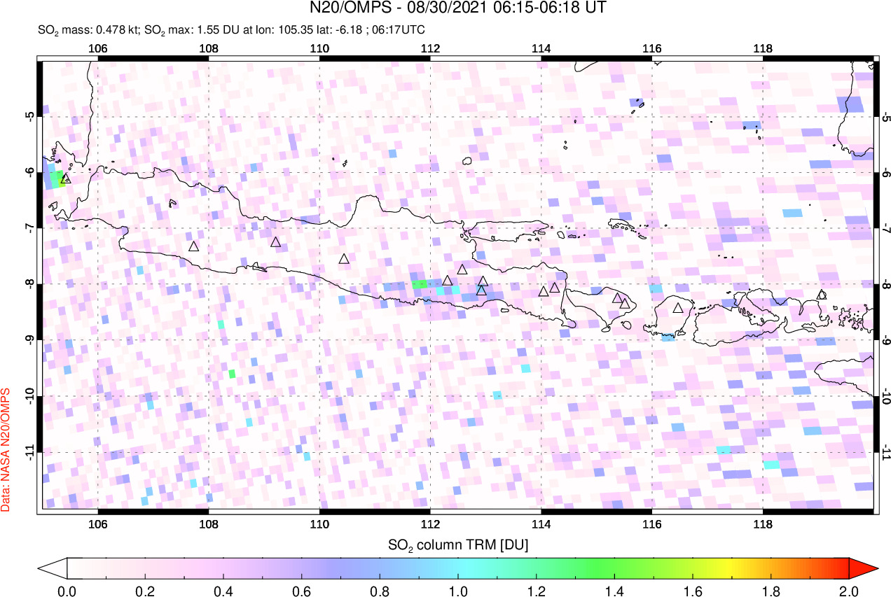 A sulfur dioxide image over Java, Indonesia on Aug 30, 2021.