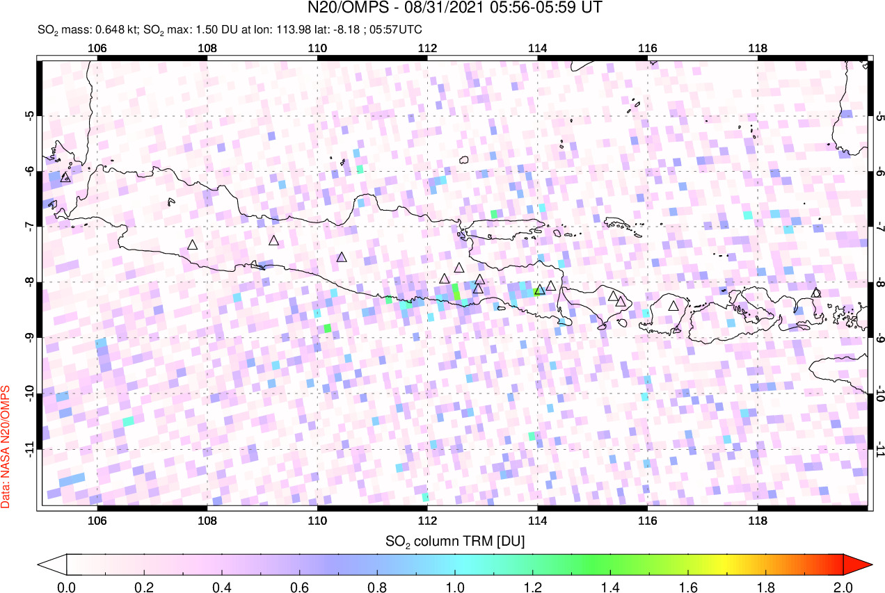 A sulfur dioxide image over Java, Indonesia on Aug 31, 2021.