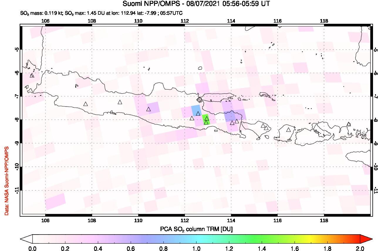 A sulfur dioxide image over Java, Indonesia on Aug 07, 2021.