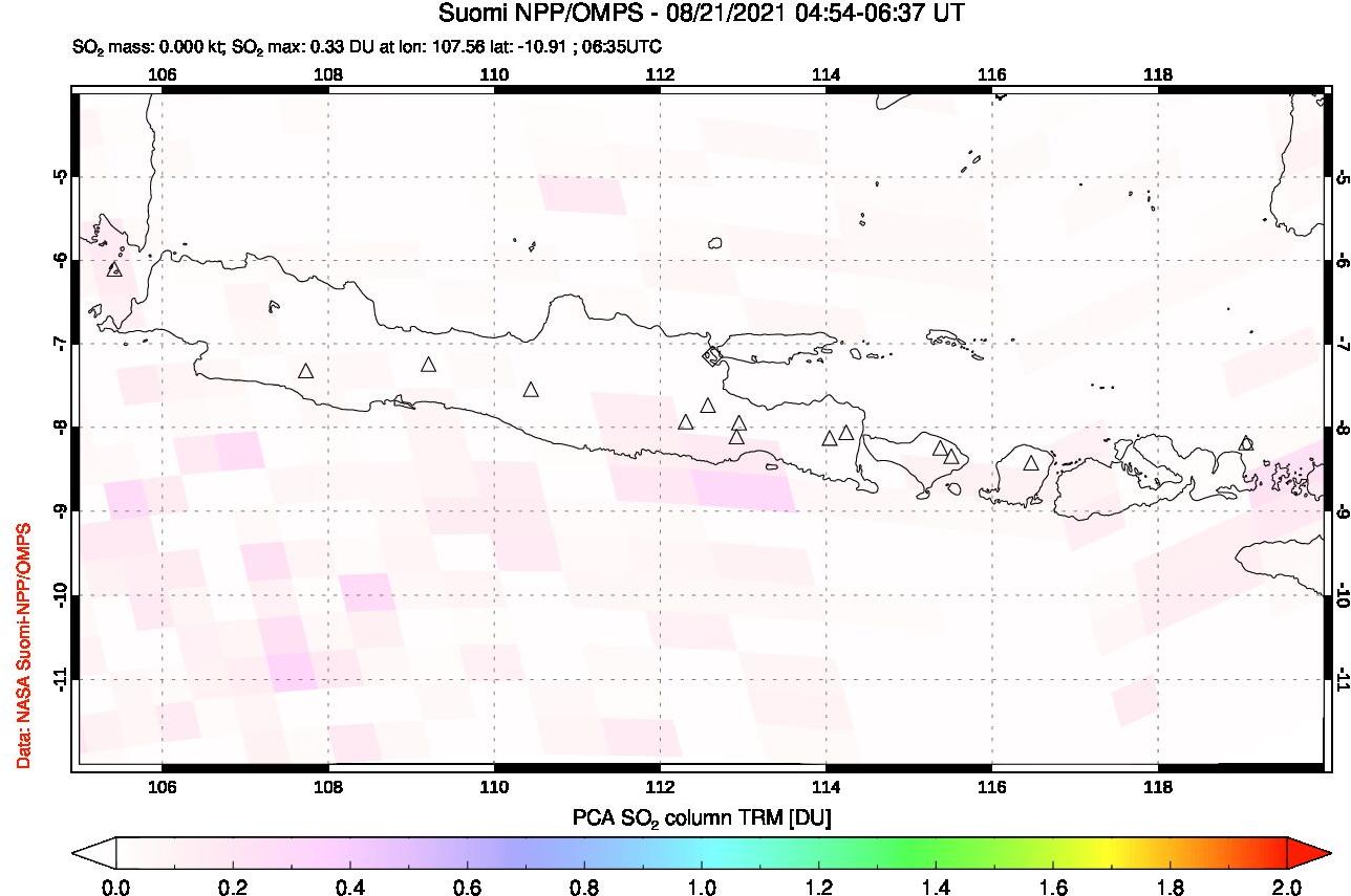 A sulfur dioxide image over Java, Indonesia on Aug 21, 2021.