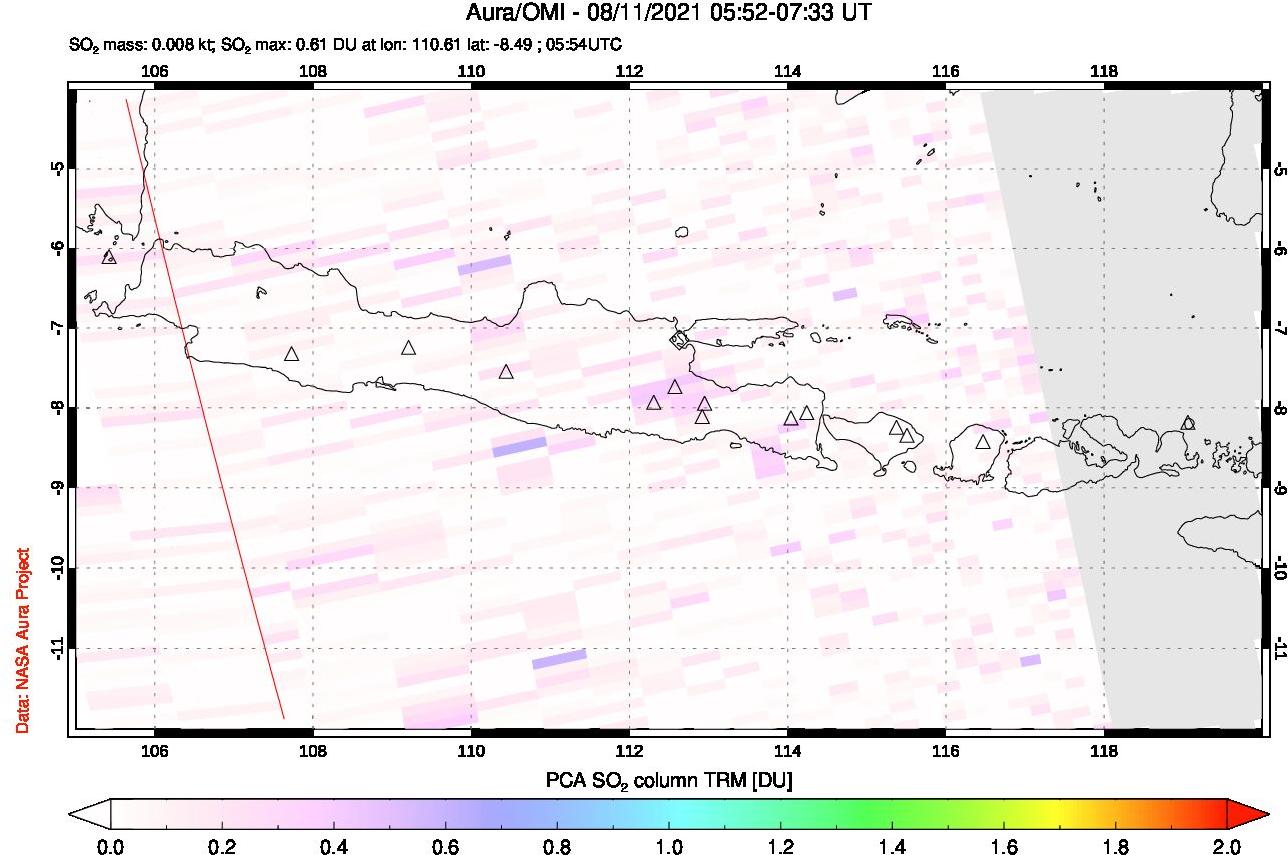 A sulfur dioxide image over Java, Indonesia on Aug 11, 2021.