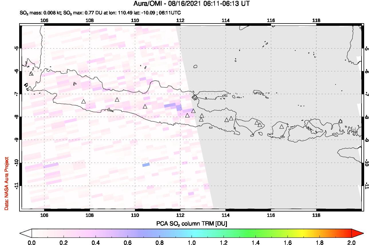 A sulfur dioxide image over Java, Indonesia on Aug 16, 2021.