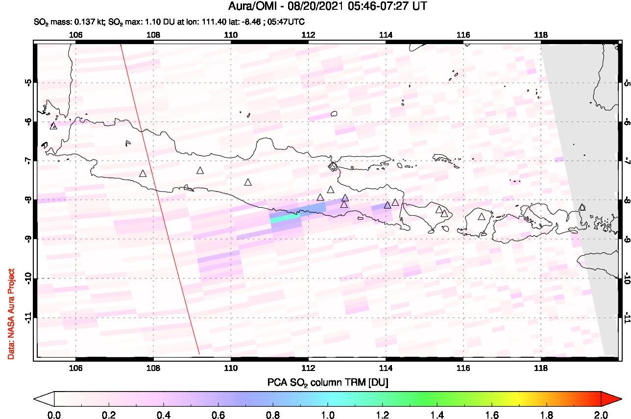 A sulfur dioxide image over Java, Indonesia on Aug 20, 2021.