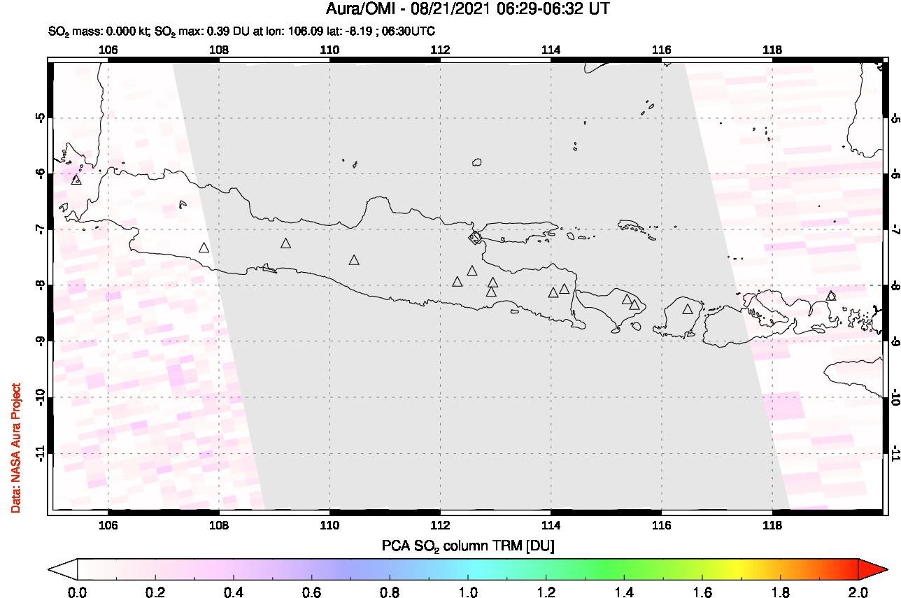 A sulfur dioxide image over Java, Indonesia on Aug 21, 2021.