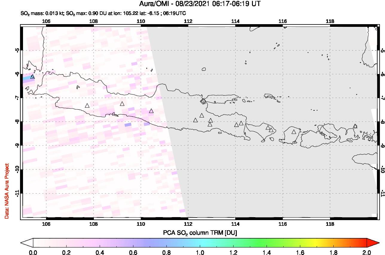 A sulfur dioxide image over Java, Indonesia on Aug 23, 2021.