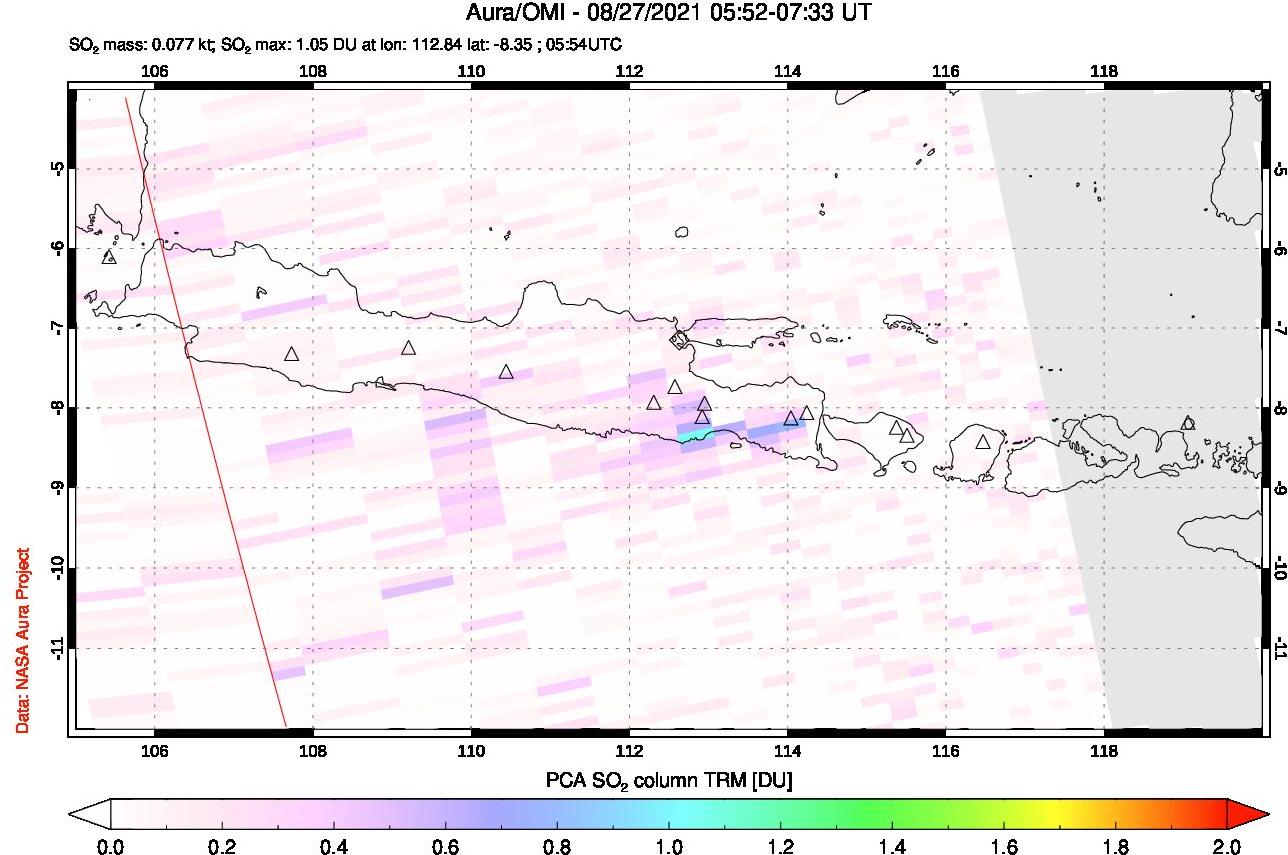 A sulfur dioxide image over Java, Indonesia on Aug 27, 2021.