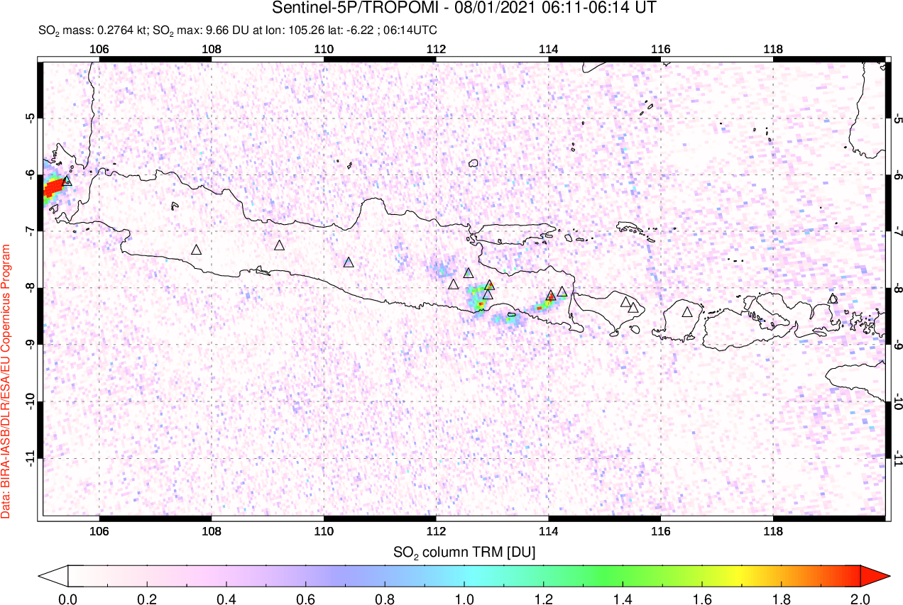 A sulfur dioxide image over Java, Indonesia on Aug 01, 2021.