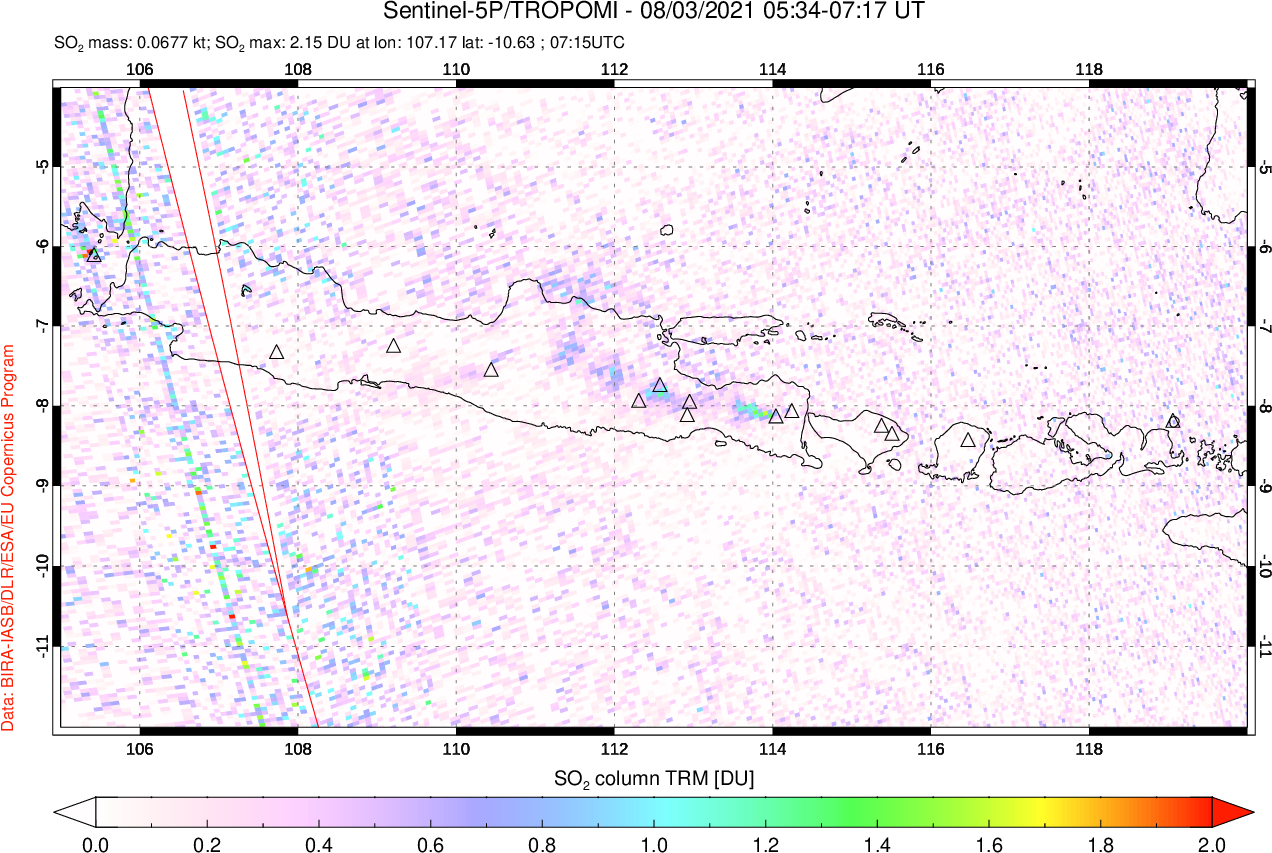 A sulfur dioxide image over Java, Indonesia on Aug 03, 2021.
