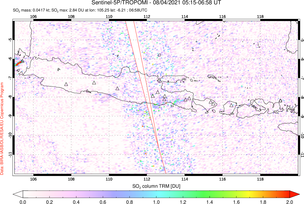 A sulfur dioxide image over Java, Indonesia on Aug 04, 2021.
