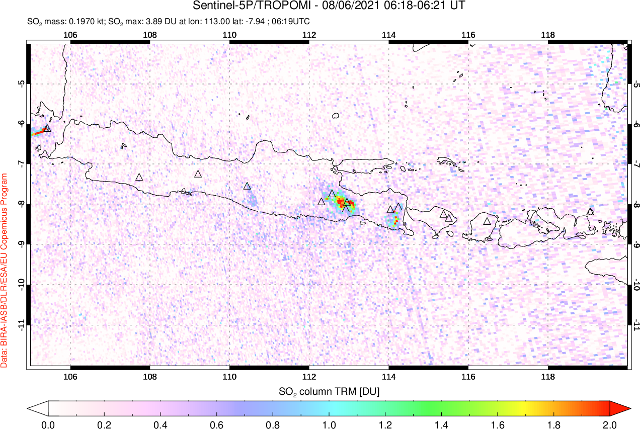 A sulfur dioxide image over Java, Indonesia on Aug 06, 2021.