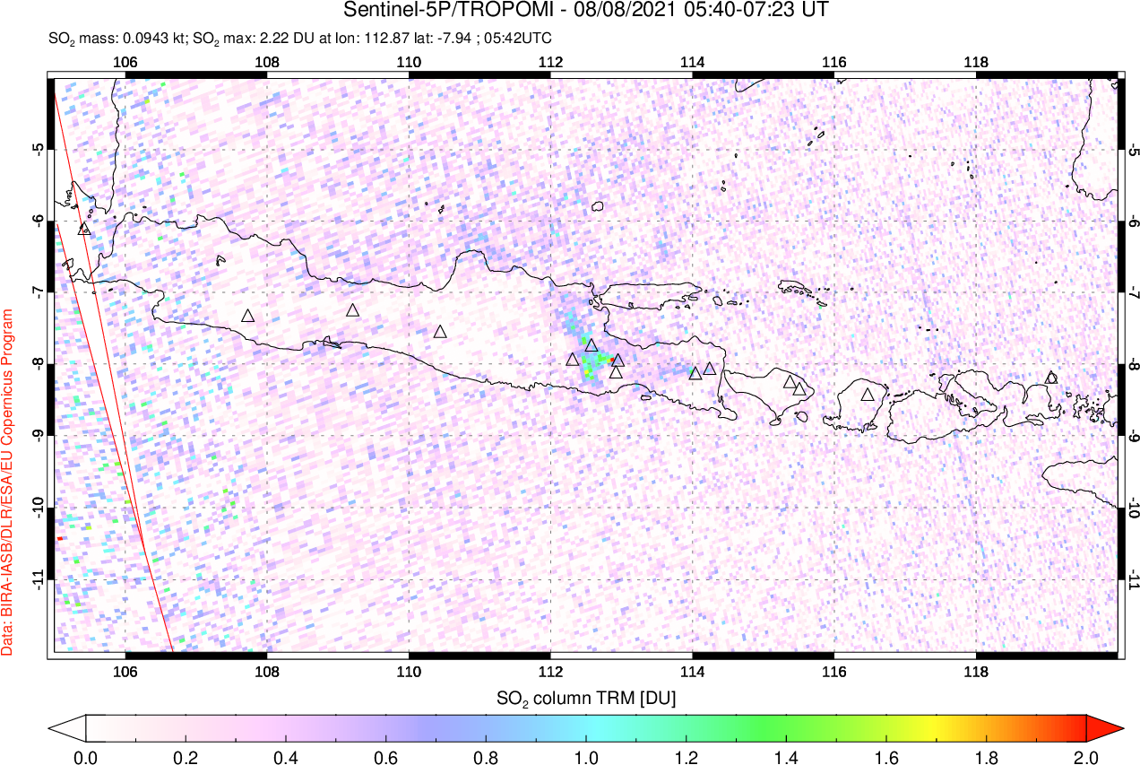 A sulfur dioxide image over Java, Indonesia on Aug 08, 2021.