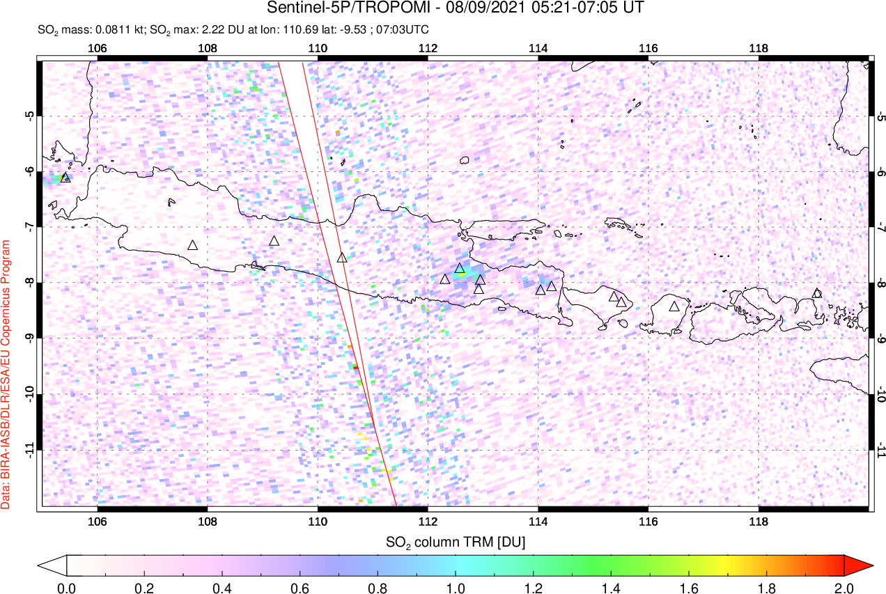 A sulfur dioxide image over Java, Indonesia on Aug 09, 2021.