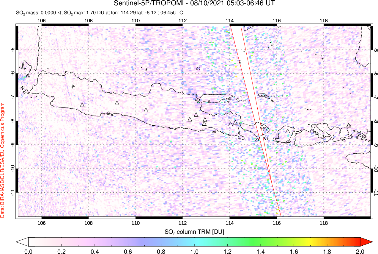 A sulfur dioxide image over Java, Indonesia on Aug 10, 2021.