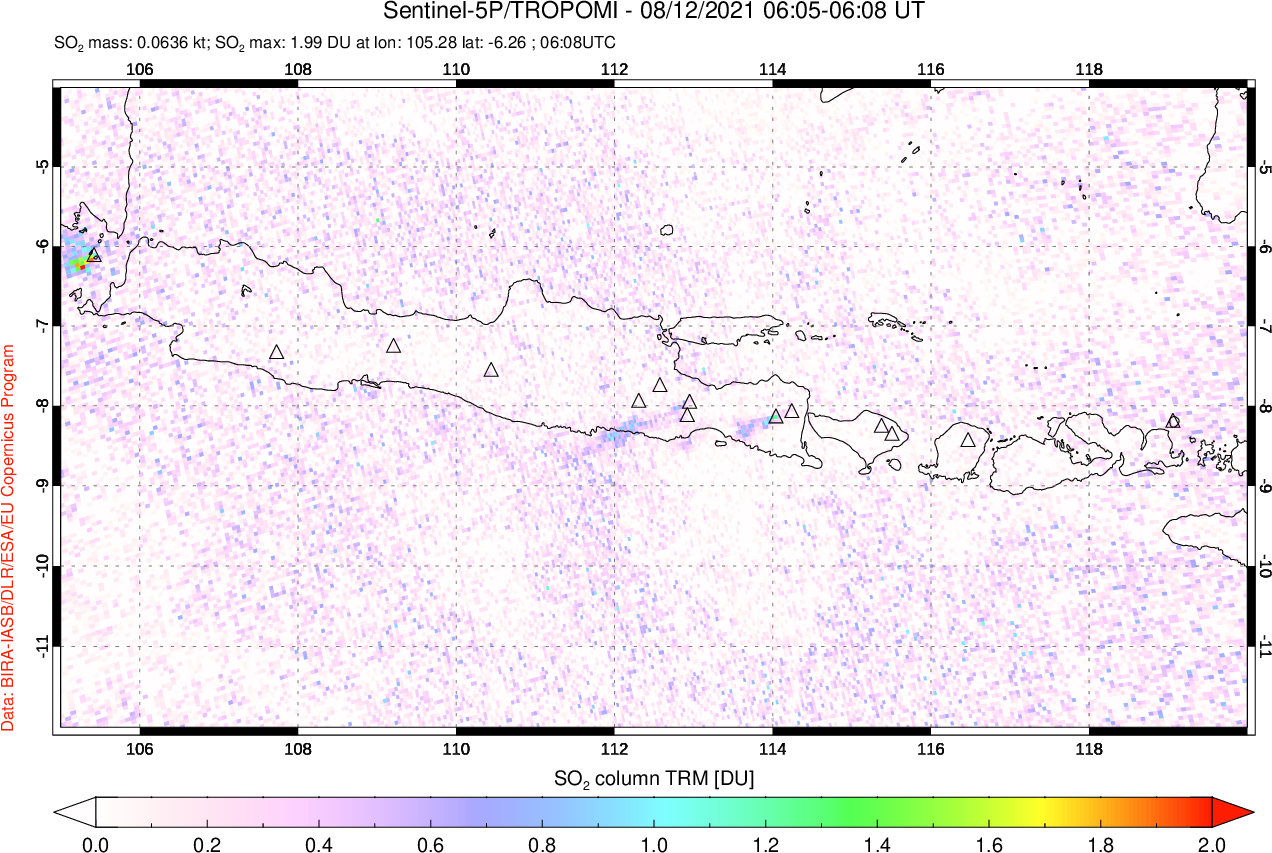 A sulfur dioxide image over Java, Indonesia on Aug 12, 2021.