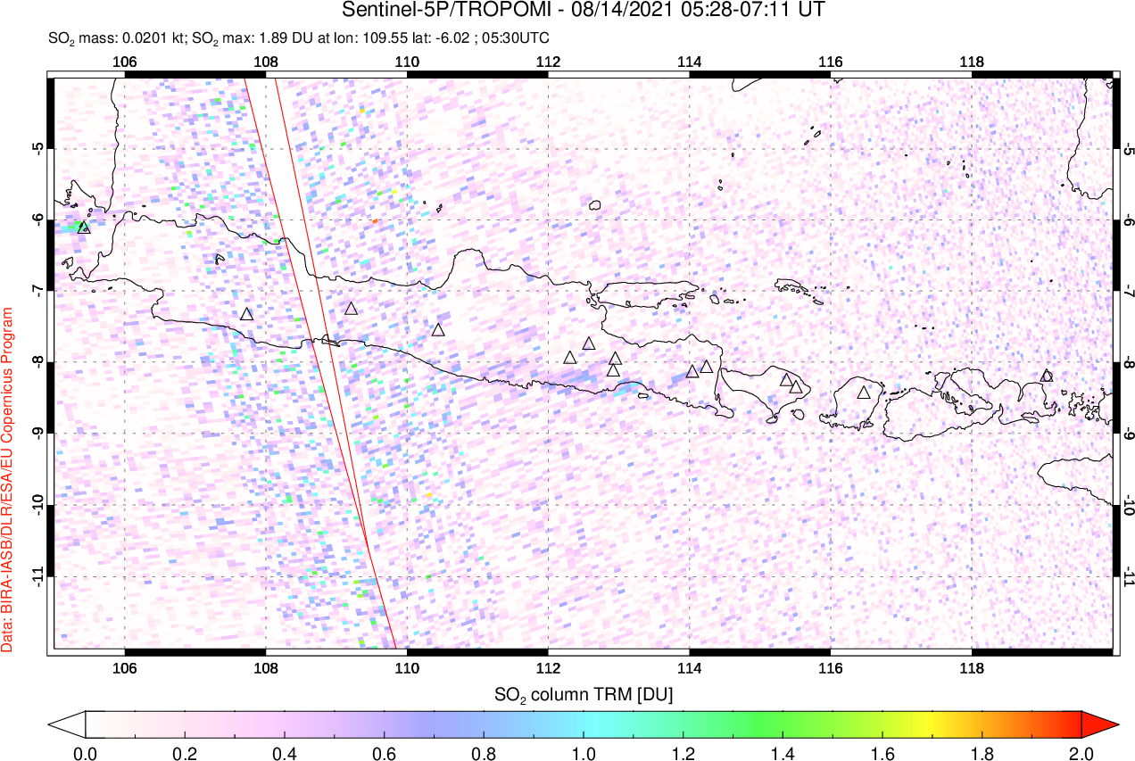 A sulfur dioxide image over Java, Indonesia on Aug 14, 2021.