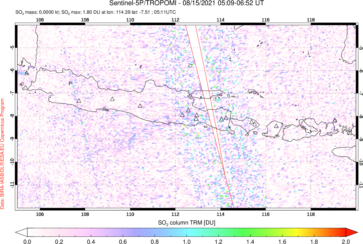 A sulfur dioxide image over Java, Indonesia on Aug 15, 2021.