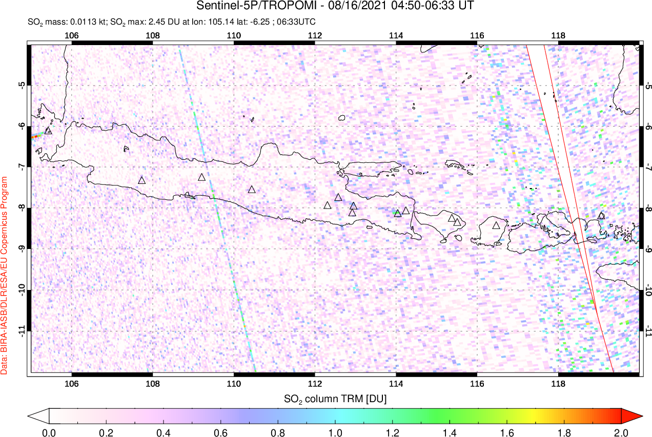 A sulfur dioxide image over Java, Indonesia on Aug 16, 2021.