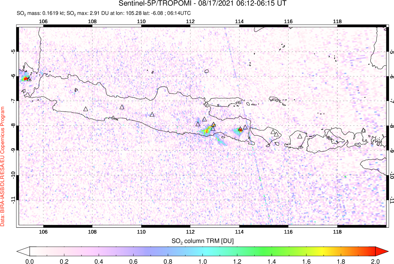A sulfur dioxide image over Java, Indonesia on Aug 17, 2021.