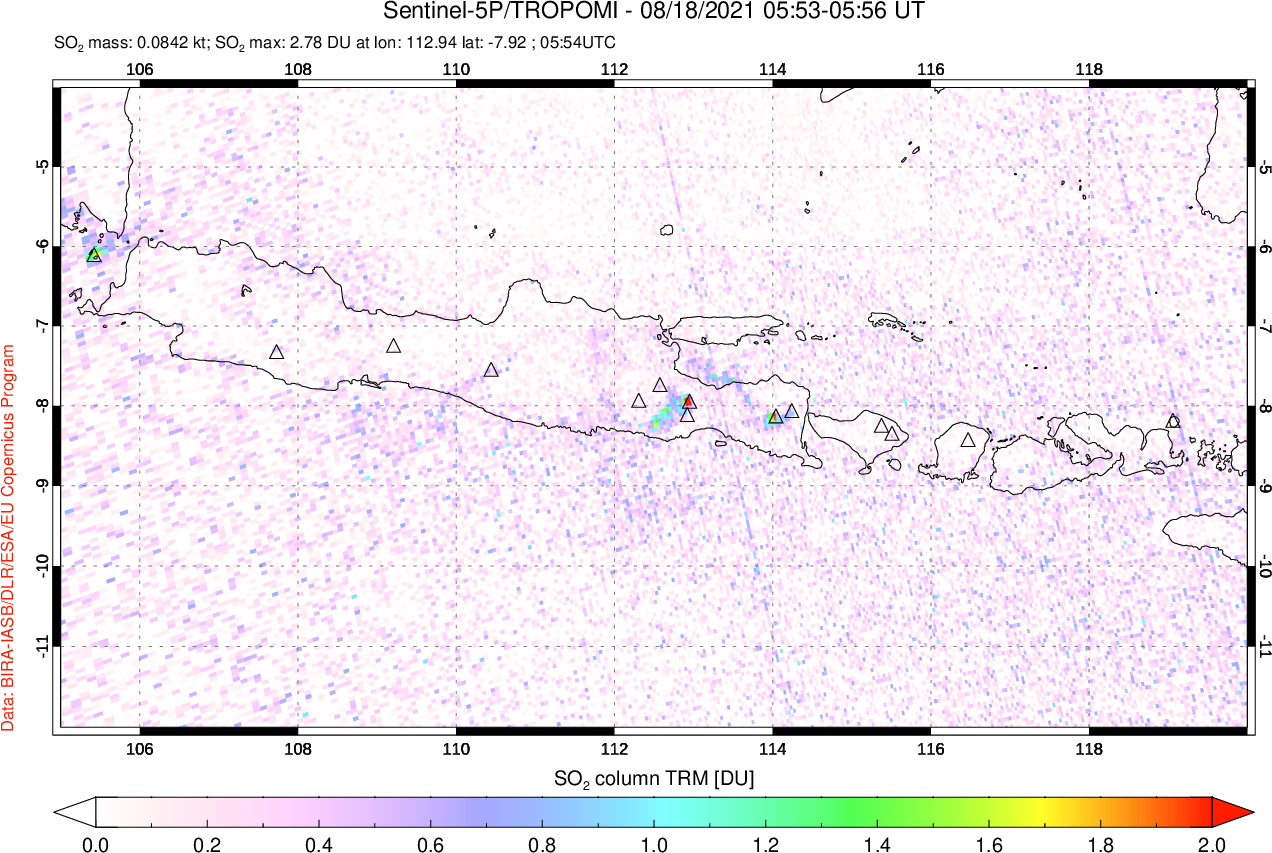 A sulfur dioxide image over Java, Indonesia on Aug 18, 2021.