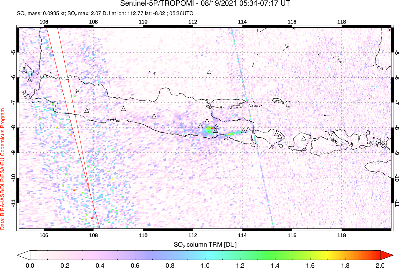 A sulfur dioxide image over Java, Indonesia on Aug 19, 2021.