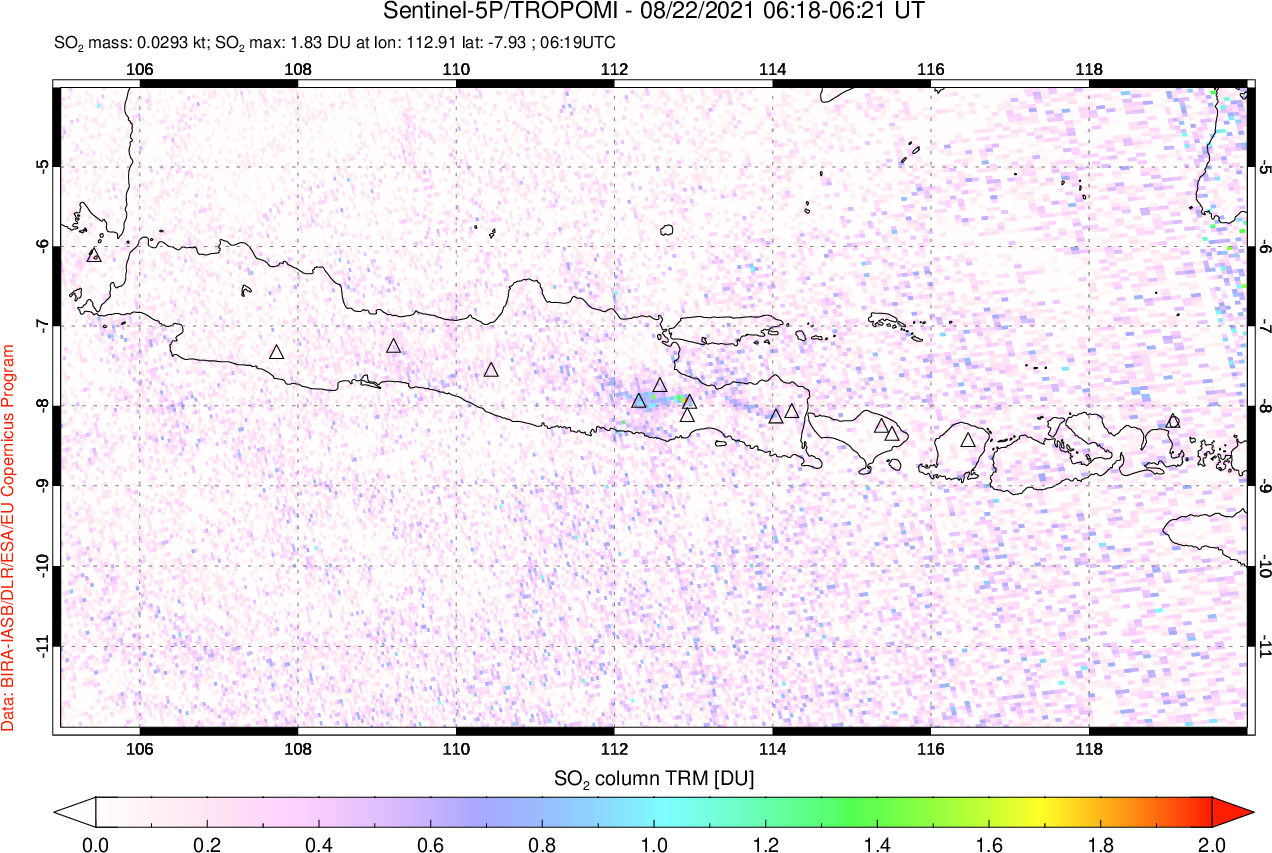 A sulfur dioxide image over Java, Indonesia on Aug 22, 2021.