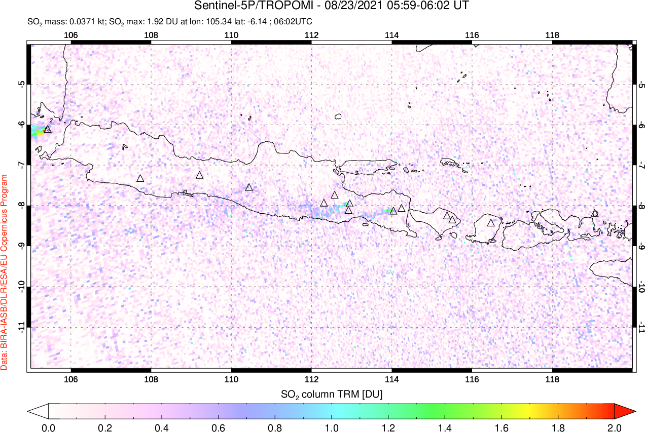 A sulfur dioxide image over Java, Indonesia on Aug 23, 2021.