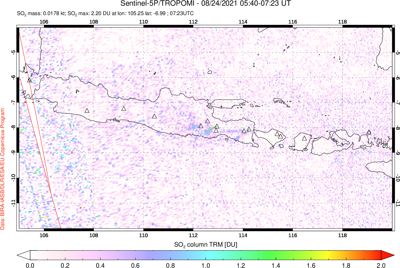A sulfur dioxide image over Java, Indonesia on Aug 24, 2021.
