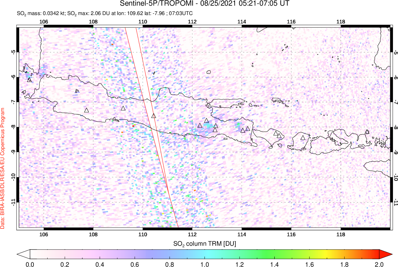 A sulfur dioxide image over Java, Indonesia on Aug 25, 2021.