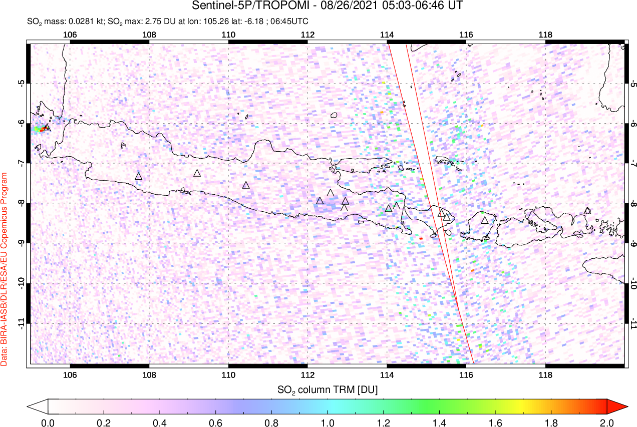 A sulfur dioxide image over Java, Indonesia on Aug 26, 2021.