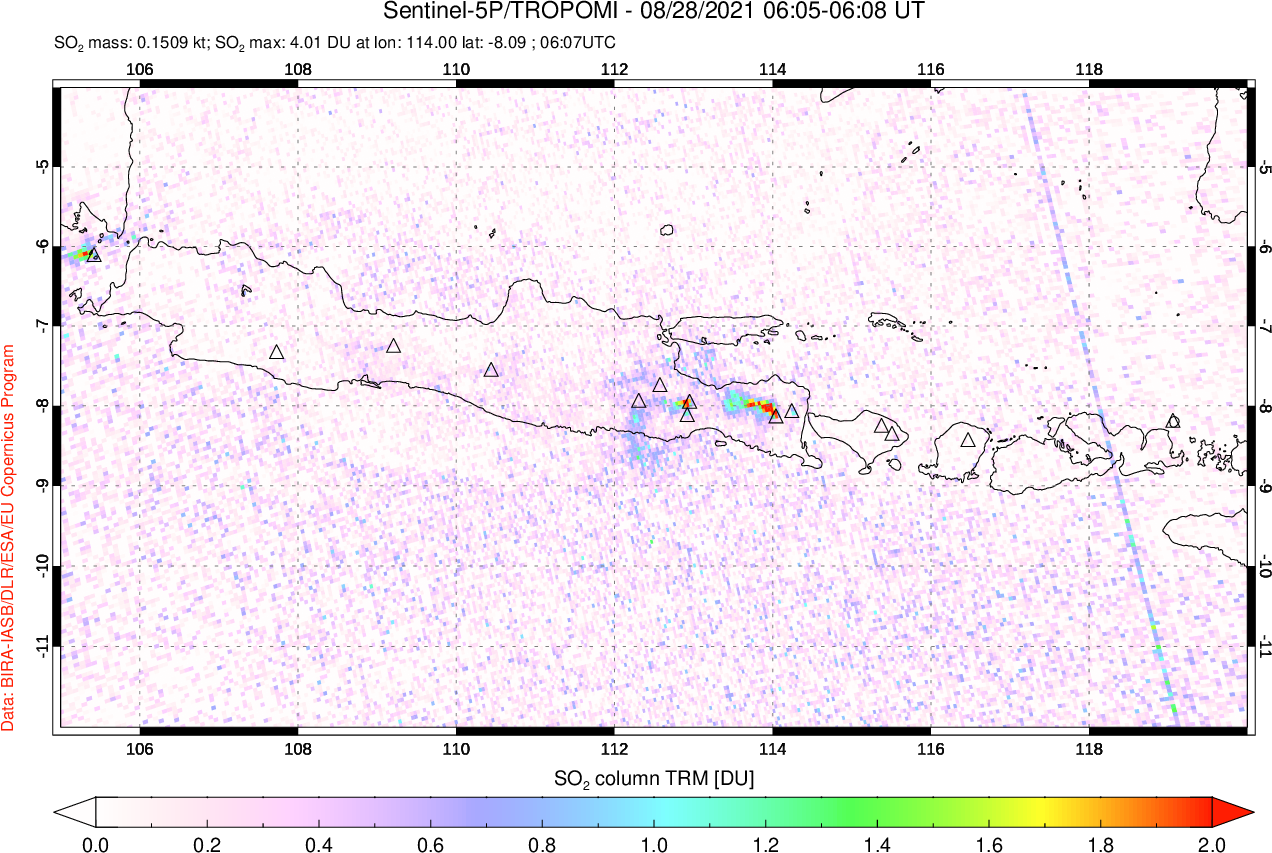 A sulfur dioxide image over Java, Indonesia on Aug 28, 2021.