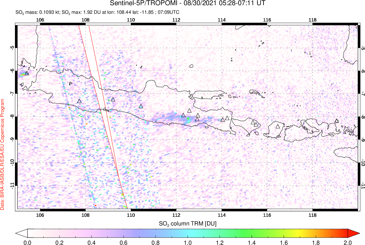 A sulfur dioxide image over Java, Indonesia on Aug 30, 2021.