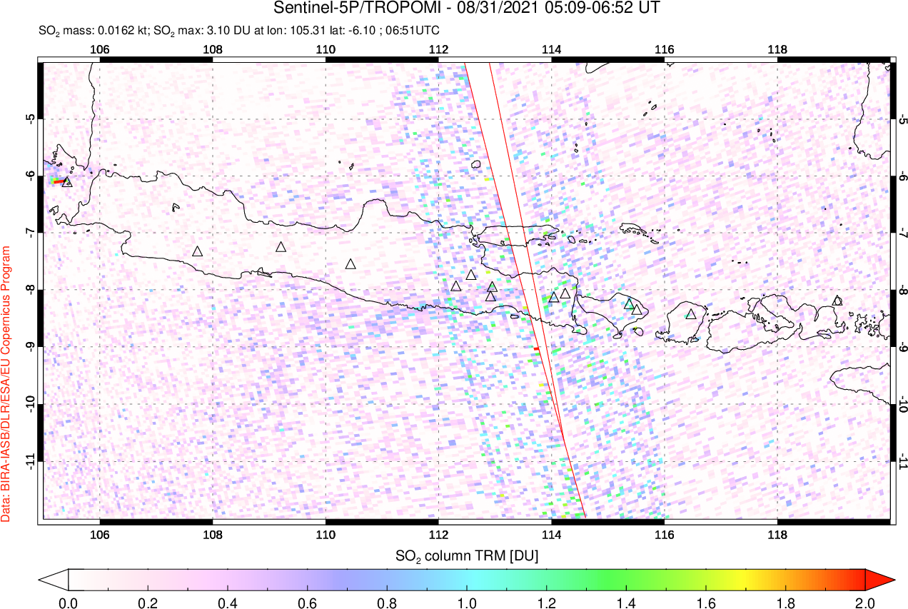 A sulfur dioxide image over Java, Indonesia on Aug 31, 2021.