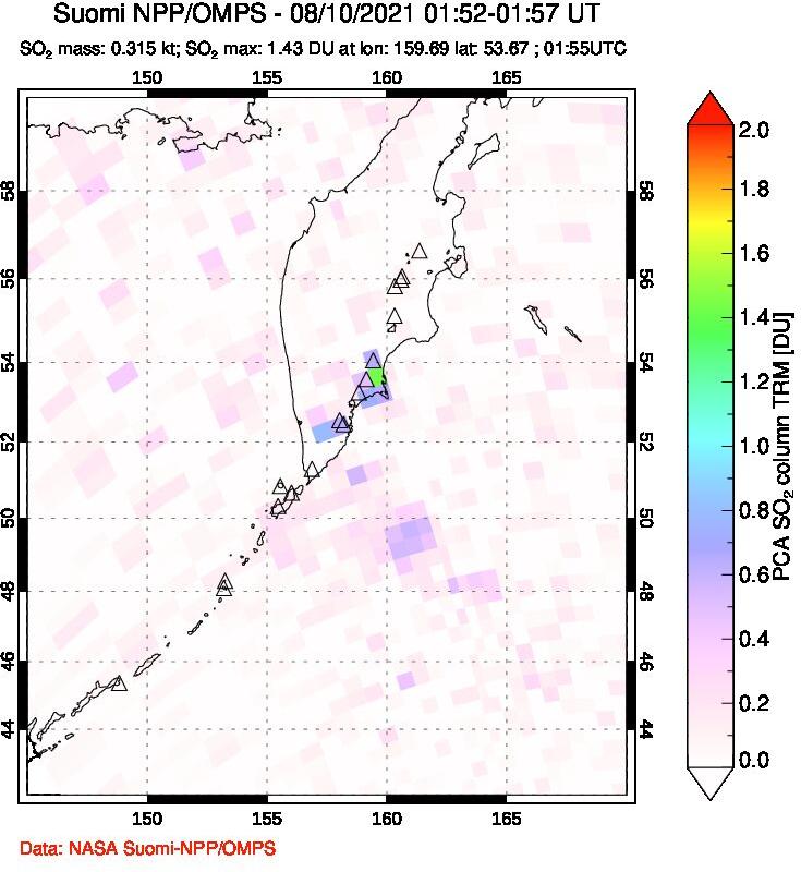 A sulfur dioxide image over Kamchatka, Russian Federation on Aug 10, 2021.